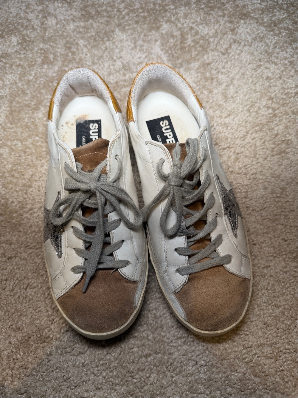 Golden Goose Men's White Sneakers with Brown Suede Toecap and Silver Star